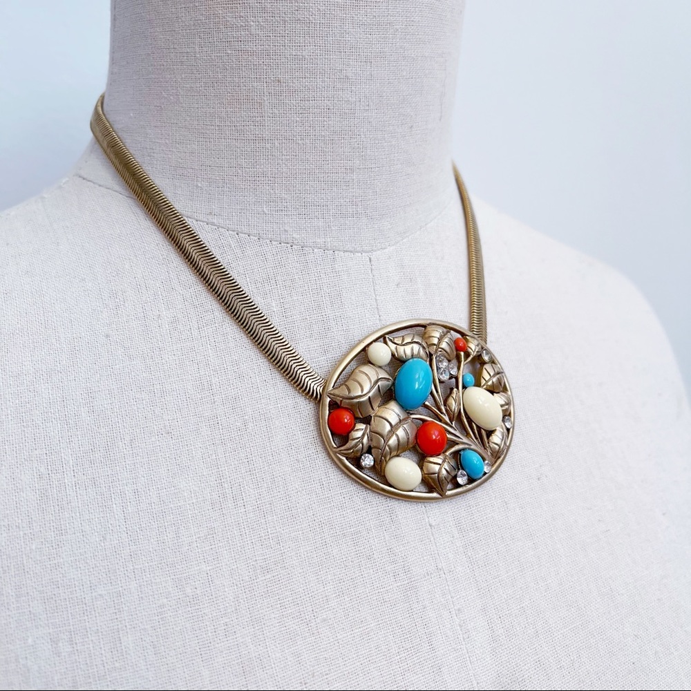 Gold Tone Faux Coral Turquoise Pendant Necklace - Picture 3 of 8